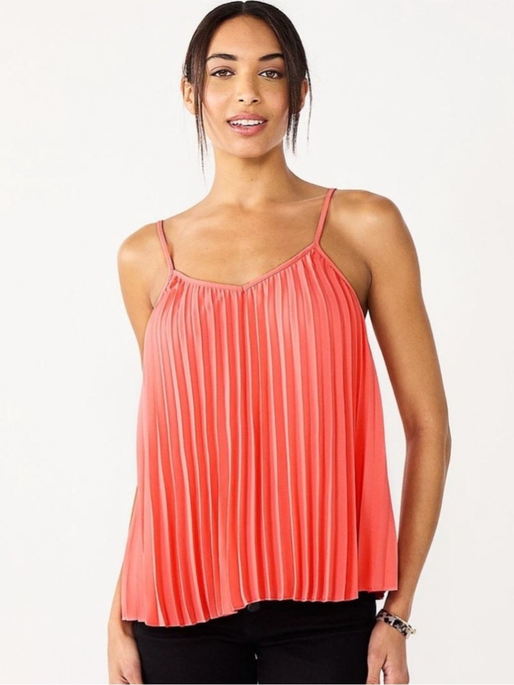 Nine West Pleated Georgette Cami Tank- Cruz Coral